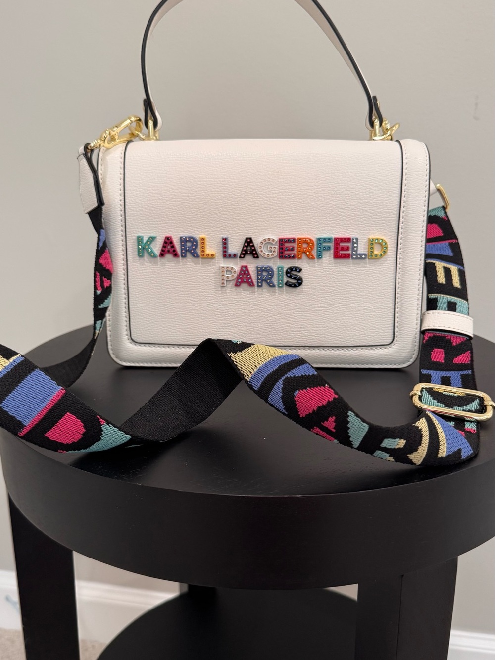 Karl Lagerfeld White Leather Crossbody with Multicolor Logo and Strap